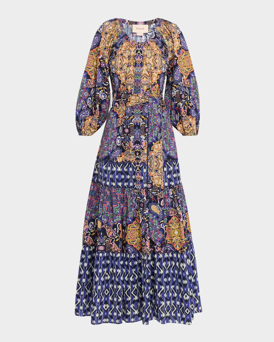 Johanna Multi-Print Tiered Midi Peasant Dress